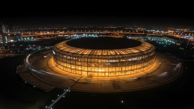Dohas illuminated architectural marvel nighttime drone footage of modern stadium