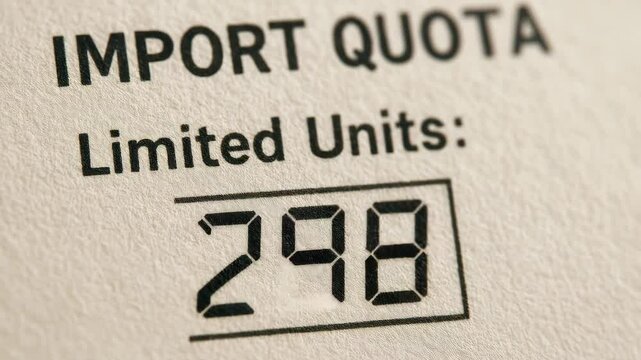 Import quota limited units trade barriers concept with printed text on paper restricting quantity to 129 units for economic regulation and control