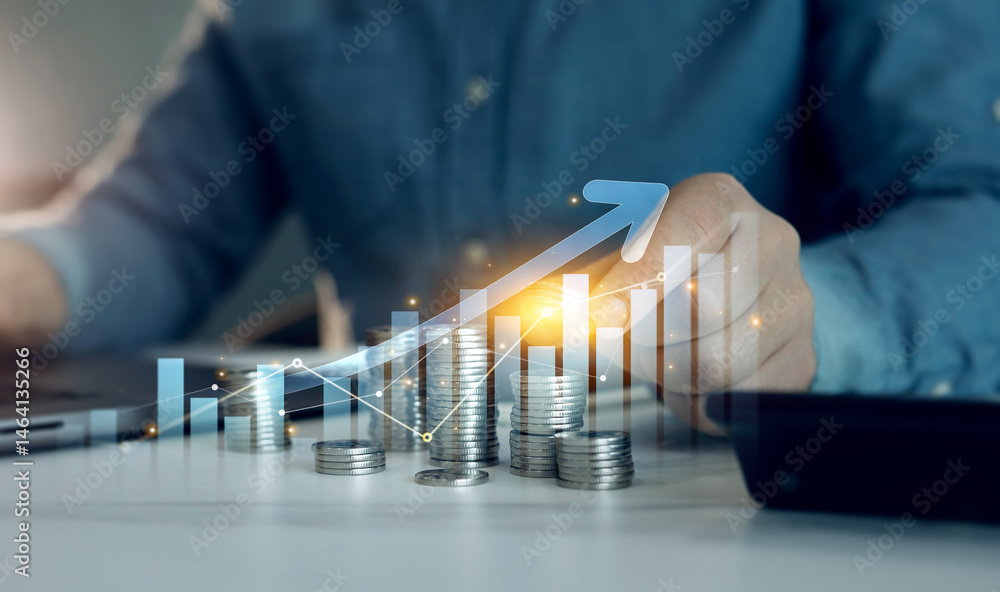 Poster financial growth data or investment market profit bar and success report.saving money concept.stack 