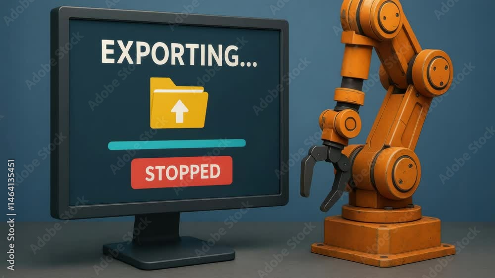 Poster export stopped on computer screen with robotic arm symbolizing halted progress in technology, manufa
