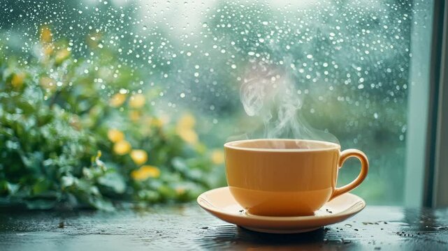 Steaming yellow cup of hot drink with steam saucer atop wooden table by rainy day window, green plant outside, cozy relaxation atmosphere, peaceful morning nature refreshment, blurred background