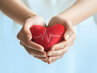 Obraz premium Tender Hands Gently Holding a Red Heart with Heartbeat
