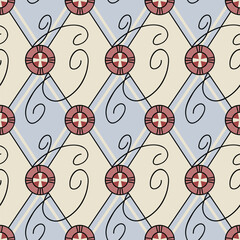 Vintage-inspired geometric seamless pattern in blue and beige