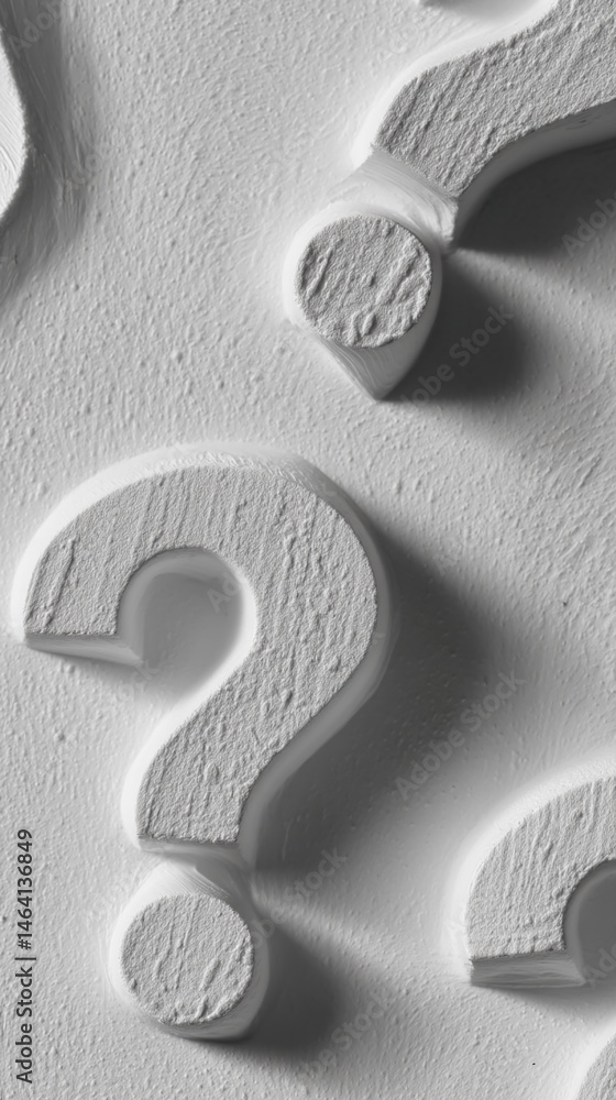 Poster Close-up of textured white question marks, embossed on a surface, creating a three-dimensional effect symbolizing inquiry, uncertainty, or questioning