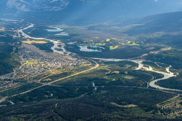 Aerial landscape of Jasper town and Athabasca river from Whistlers Mountain, Jasper national park, Canada.