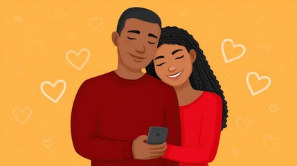 Couple sharing tender moments in vibrant setting with joyful expressions while engaged in smartphone activities highlighting connection and affection captured with clarity