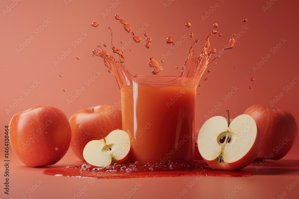 Poster still life of apple juice splashing in a glass surrounded by whole and halved apples on red backgrou