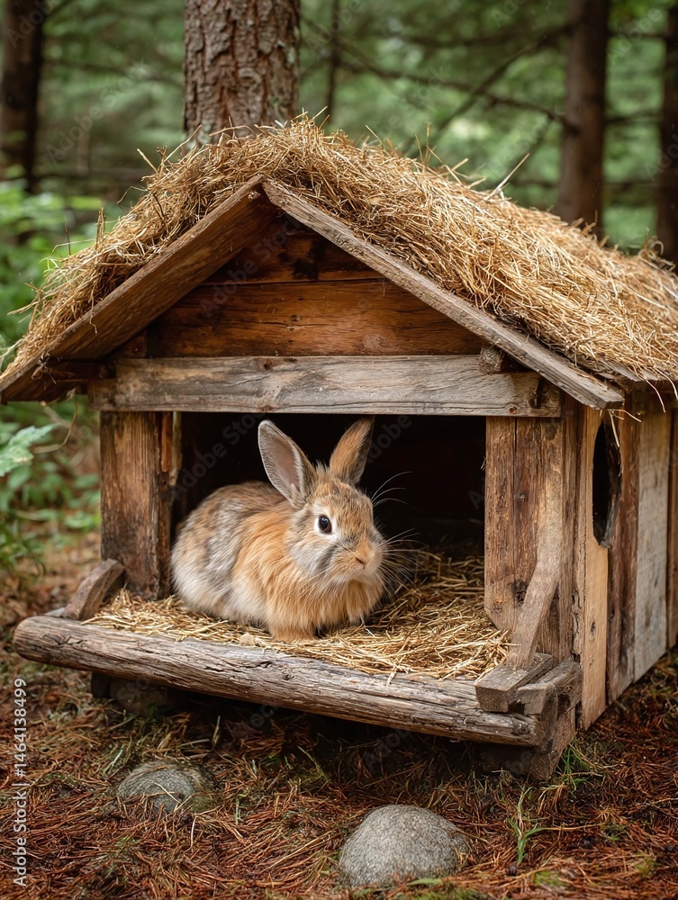 Poster a serene rabbit resting in a rustic wooden hut surrounded by lush greenery in a tranquil forest