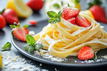 Elegant pasta close-up with strawberries and vibrant fruits in scene