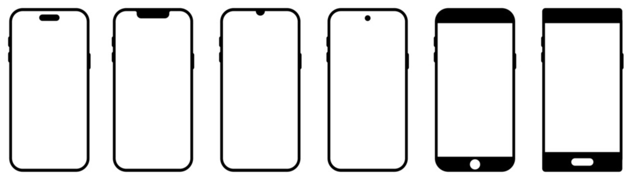 Smartphone frame mockup vector set with different notch styles and bezel designs including modern mobile screen outline template for UI UX and app design