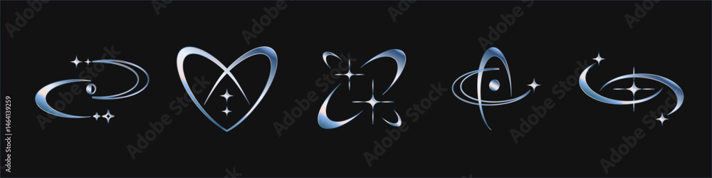 Poster retro metallic symbols and y2k shapes, futuristic abstract frames and symbols with blinking stars. v