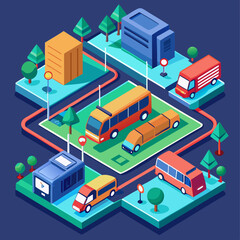 Isometric illustration of urban environment with colorful buildings and transportation system