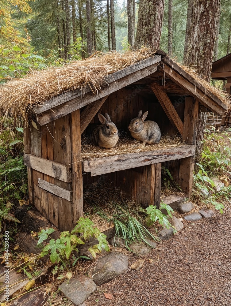 Poster two rabbits resting in a rustic wooden hutch surrounded by lush greenery in a serene forest setting