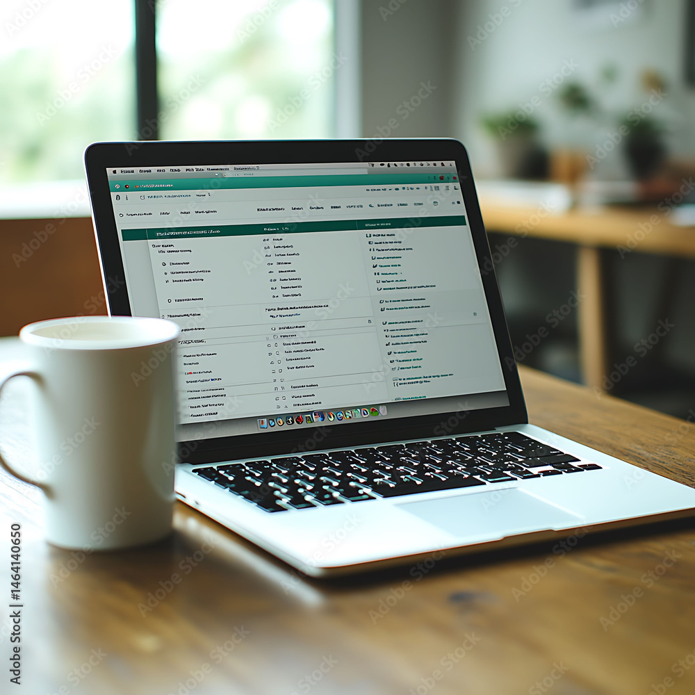 Poster laptop displaying a data analysis interface sits on a wooden table beside a coffee mug. clean, moder