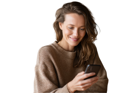 Smiling woman using smartphone wearing beige sweater casual relaxed happy modern technology on transparent background girl media