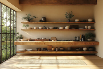 Cuisine minimaliste avec étagères en bois et vaisselle céramique, lumière naturelle et ambiance zen japandi scandinave, style épuré et décor raffiné