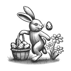 Easter bunny beside a basket full of patterned eggs