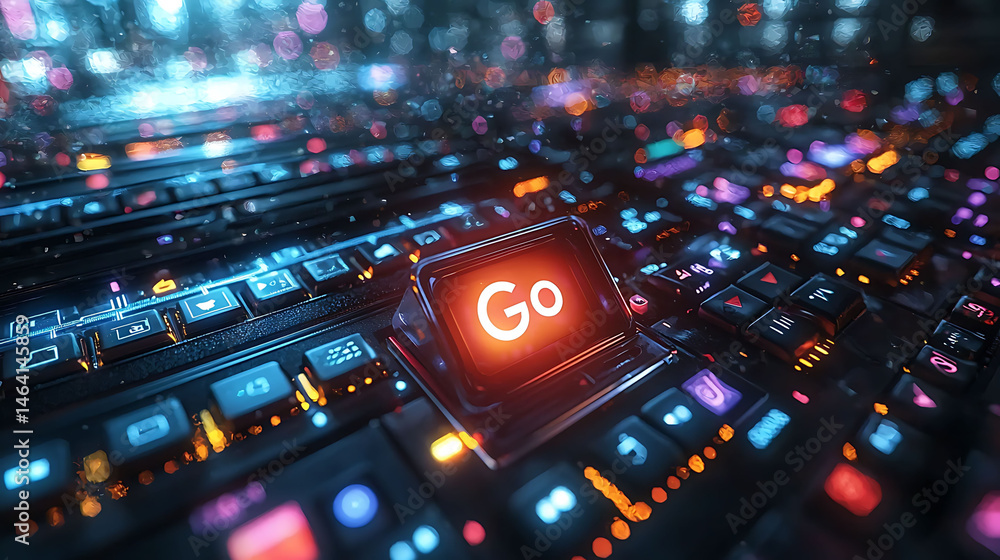 Poster cyberpunkstyle keyboard with glowing go button. futuristic, vibrant, and dynamic image perfect for t