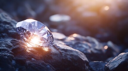 Sparkling gemstone rests on dark rocks, bathed in warm sunlight