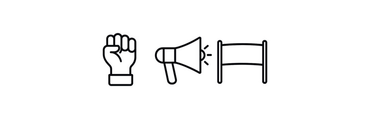 Fototapeta premium Fist, megaphone, fence icons symbolizing protest and voice