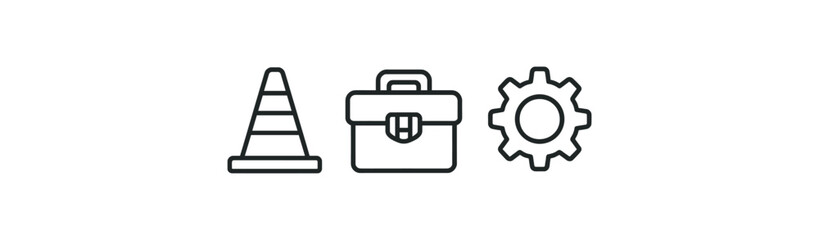 Construction cone, briefcase, and gear icons in black and white