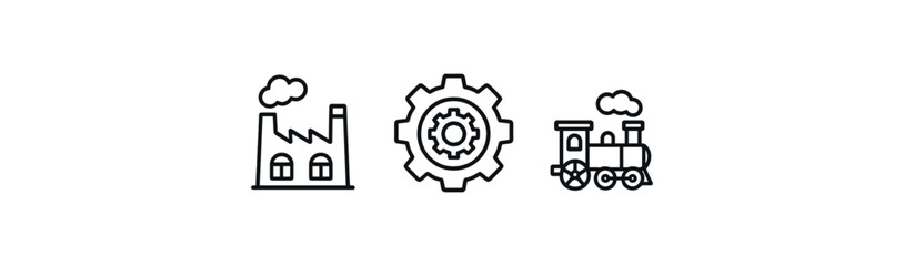 Obraz premium Industrial revolution icons: factory, cogwheel, steam locomotive
