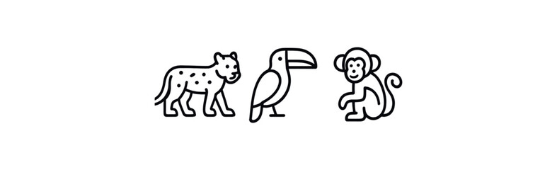 Minimalist line art jungle animals - leopard, toucan, monkey illustration