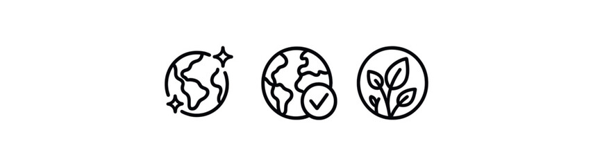 Fototapeta premium Minimalist earth icon set: planet, checkmark, leaves – eco-friendly symbols