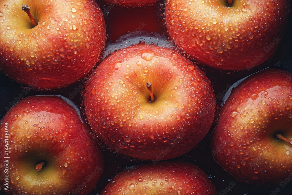 Poster close up view of several red apples covered in water droplets filling the entire frame nicely