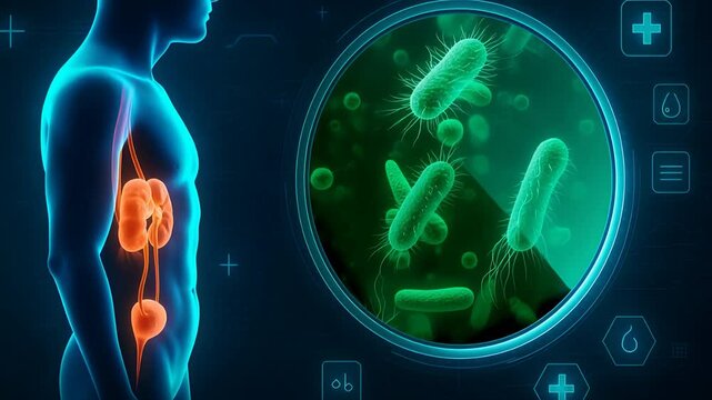 Human Body with Highlighted Kidney and Zoomed Microscopic Bacteria Representing Urinary Infection and Internal Organ Contamination

