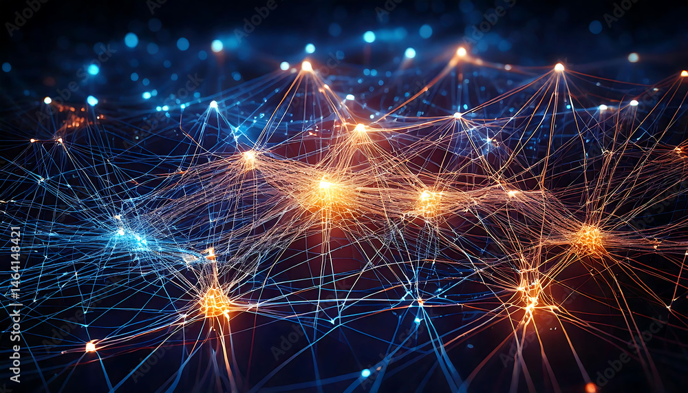 Poster stunning abstract image depicting a complex network of glowing nodes and connections. perfect for il