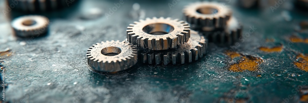 Poster metallic gears interlocked on a rusty industrial background symbolizing complex systems