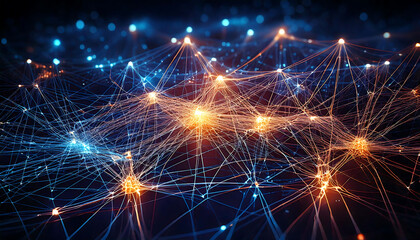 Stunning abstract image depicting a complex network of glowing nodes and connections.  Perfect for illustrating concepts like AI, technology, connectivity, big data, or the internet of things.