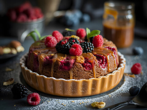 Delicious Raspberry and Blackberry Cake with Caramel Drizzle - Powered by Adobe