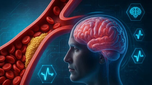 3D Human Brain and Blocked Blood Vessel Visualization Representing Stroke Risk, Brain Health and Cardiovascular Awareness

