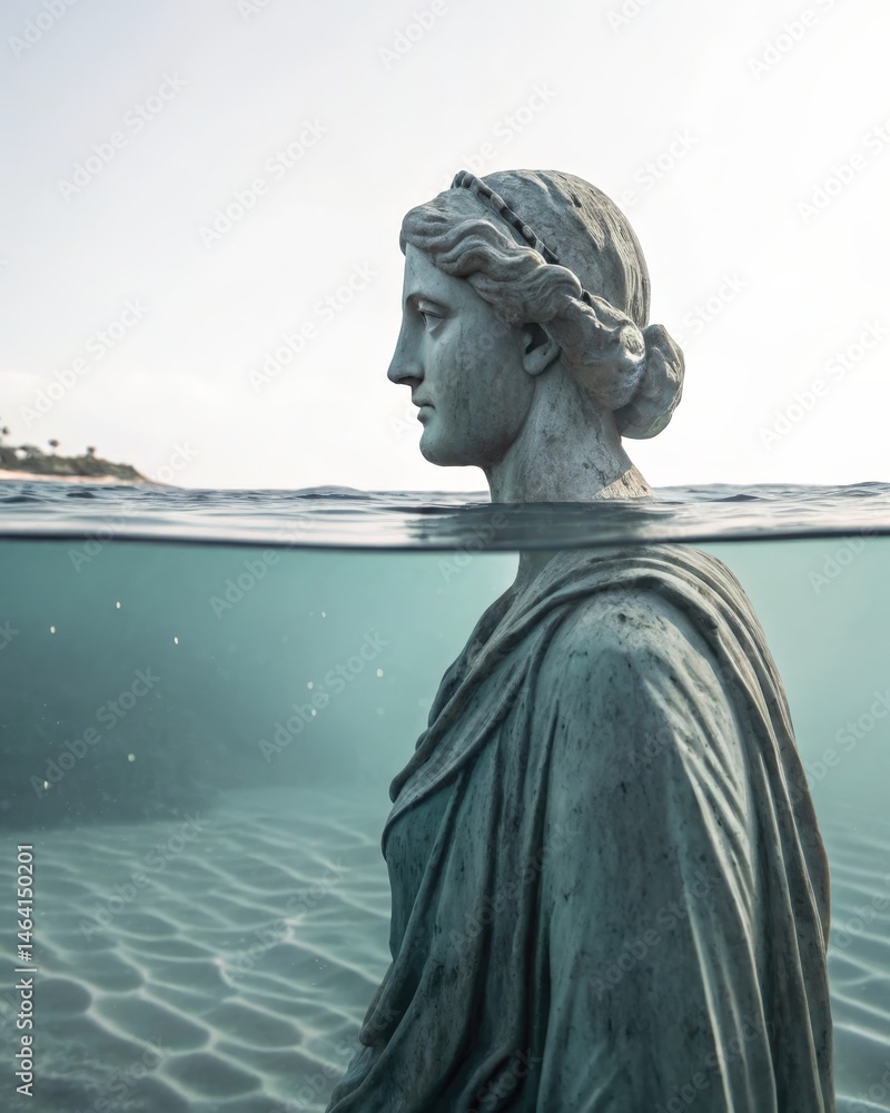 Poster a submerged statue in clear water with only part of it visible symbolizing the hidden depths of the 
