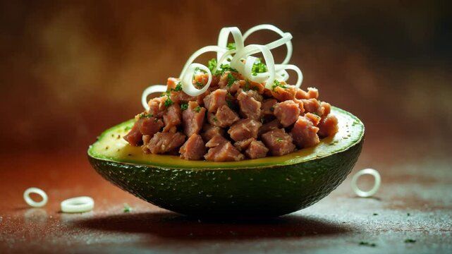 Curly endive garnished minced meat inside avocado