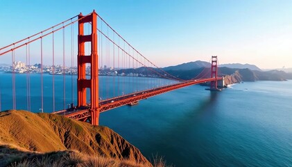 Obraz premium Iconic orange bridge, San Francisco bay vista, pacific ocean, america