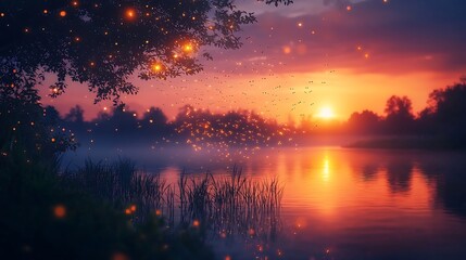 Fototapeta premium Glowing fireflies filling air above a peaceful lake at twilight cinematic magical ambiance