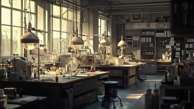 Spacious lab bathed in sunlight,  detailed equipment