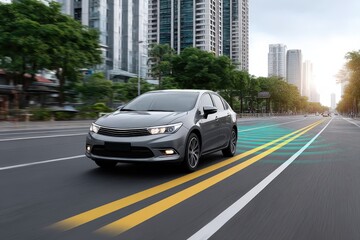 Sleek modern sedan driving through an urban landscape with reflective skyscrapers and advanced technology highlighting the innovative aspects of transportation and mobility solutions