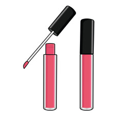 Obraz premium Two pink Liquid Lipstick tubes, one open with applicator, featuring a sleek design isolated on white background