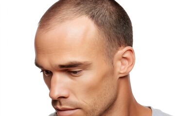 Fototapeta premium Man showing receding hairline and looking down