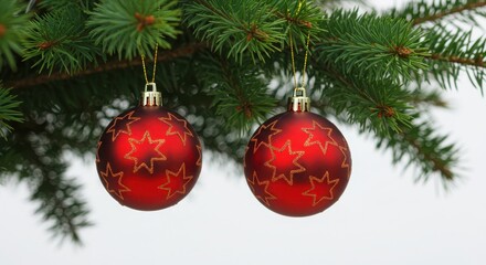 Two red christmas ornaments with gold stars hanging from a pine tree branch
