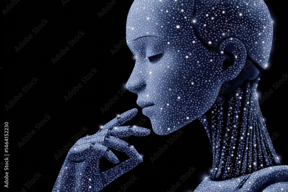 Poster a futuristic humanoid robot with intricate glowing patterns on its surface is captured in a contempl