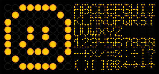Yellow dot matrix LED font alphabet, number and symbol set. Digital scoreboard style with glowing circular lamps. Vector 