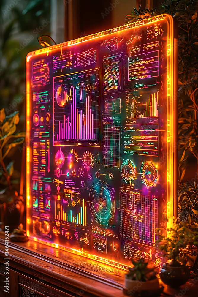 Poster neonlit futuristic display showcasing vibrant data visualizations, charts, and graphs. perfect for t