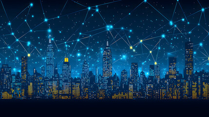 A digital city skyline at night with glowing network connections linking buildings against a starry sky.