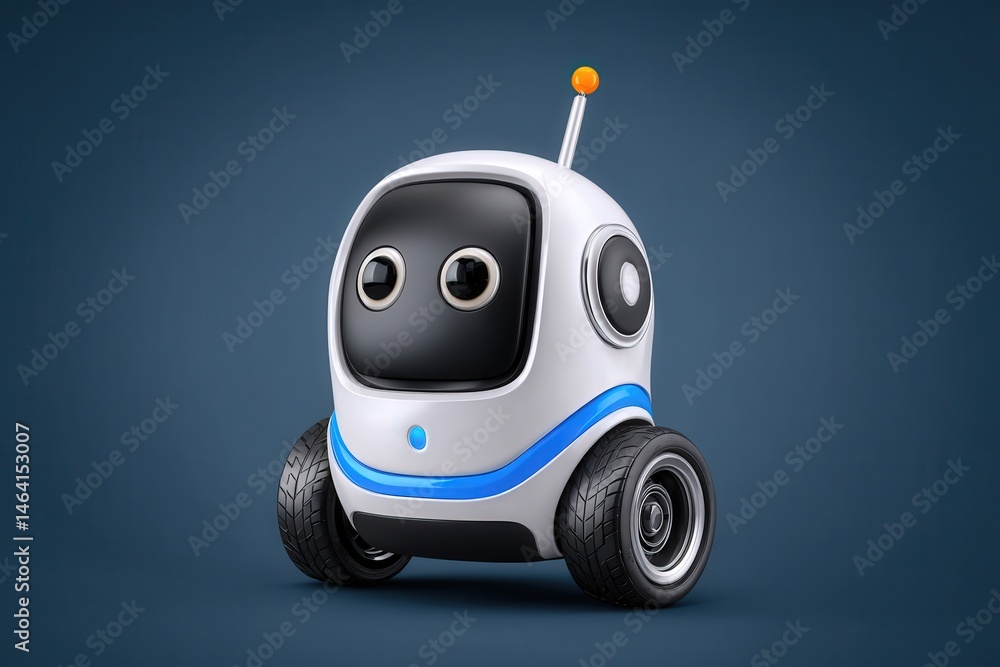 Poster friendly autonomous robot character with expressive eyes and playful design showcasing modern techno