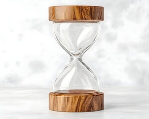 Empty hourglass with wooden caps on a light surface